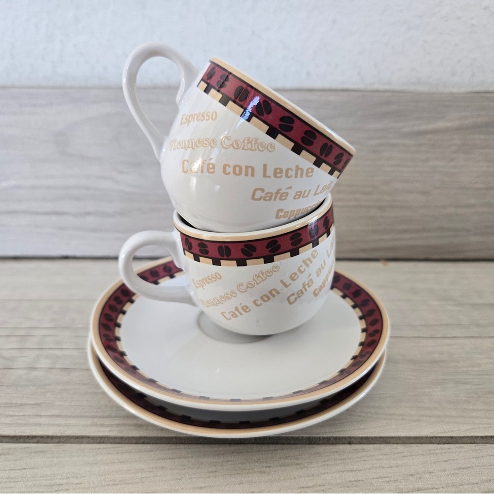 Crown Stoneware Café con Leche Espresso Cups & Saucers – Set of 2 (1990s)